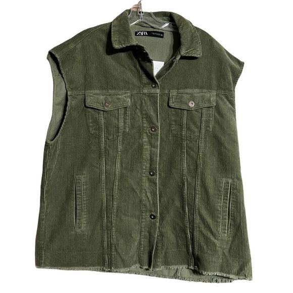 Zara Olive Green Corduroy Oversize Button Up Vest Jacket Unisex Sz M NWT - Picture 4 of 11